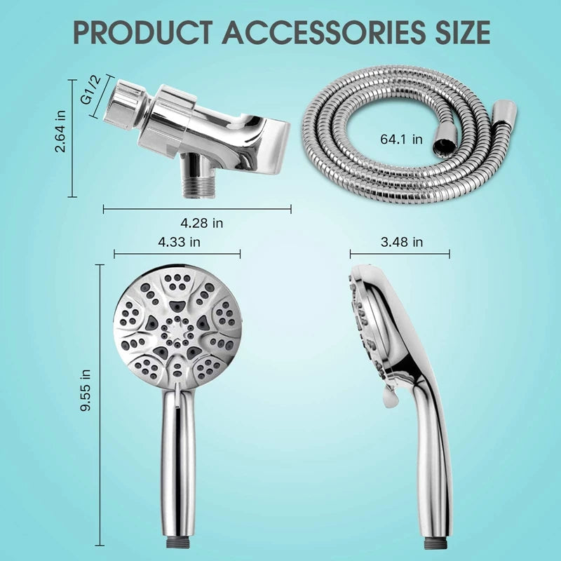 New High Pressure Handheld Shower Head 4.3Inch, 6 Spray Settings With Handheld, Stainless Steel Hose And Adjustable Bracket