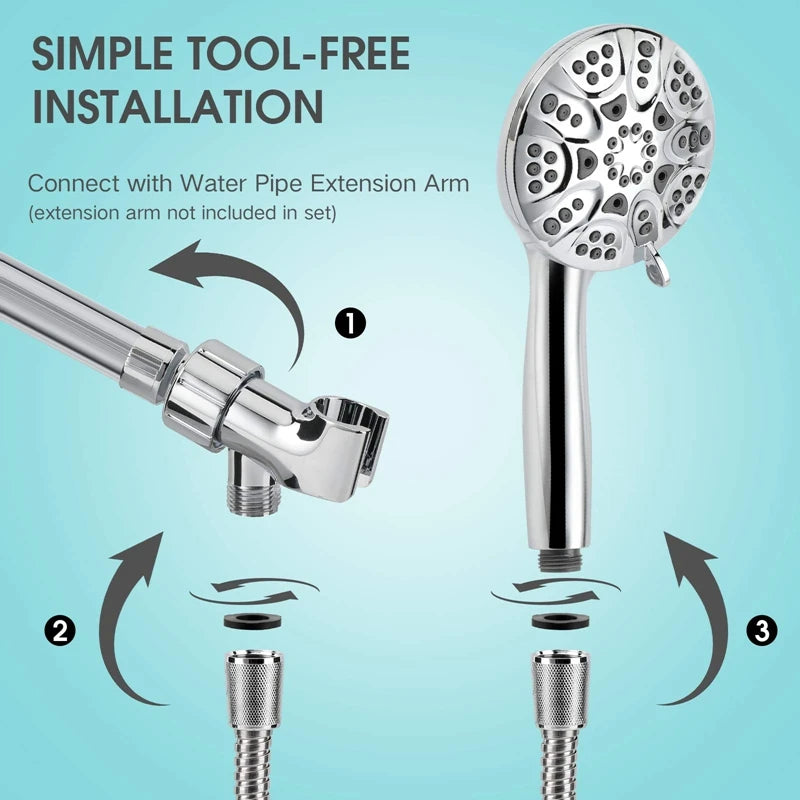 New High Pressure Handheld Shower Head 4.3Inch, 6 Spray Settings With Handheld, Stainless Steel Hose And Adjustable Bracket