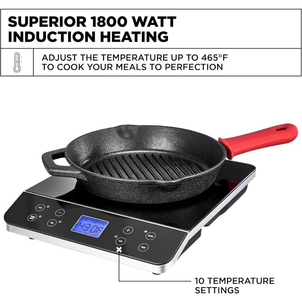 Compact Induction Cooktop - Single Burner with Touchscreen LCD Display, Temperature Control, Auto Shut Off, 1800W - Portable & Programmable