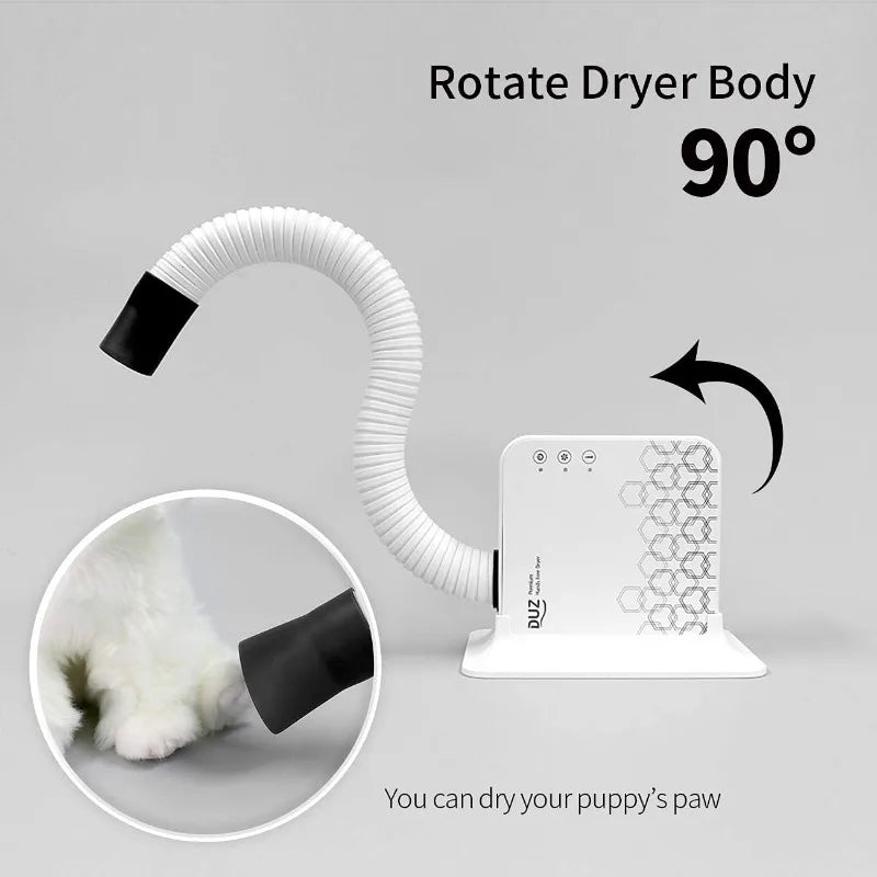 DUZ Premium Hands-Free Pet Dryer! This 900W compact dryer features a 360-degree adjustable drying tube and easy touch buttons, powered by a quiet BLDC motor—perfect for quick and efficient pet drying!