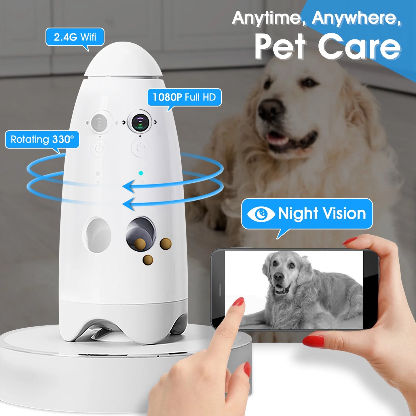 Smart 1080p Dog Camera with a 180° View and Treat Dispenser! This interactive pet feeder and monitoring system is designed specifically for dogs, ensuring fun and connection even when you're away.