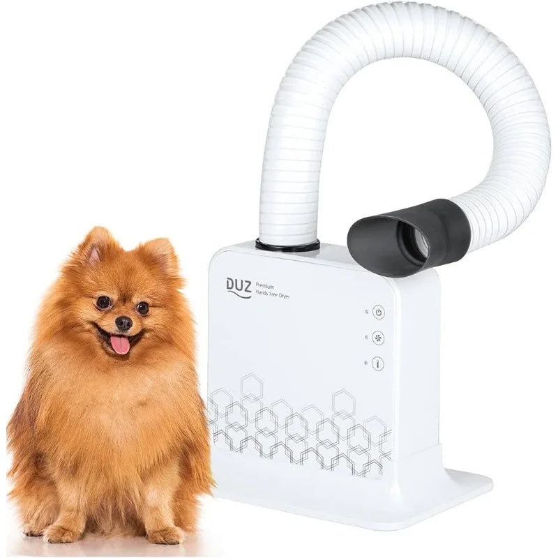 DUZ Premium Hands-Free Pet Dryer! This 900W compact dryer features a 360-degree adjustable drying tube and easy touch buttons, powered by a quiet BLDC motor—perfect for quick and efficient pet drying!