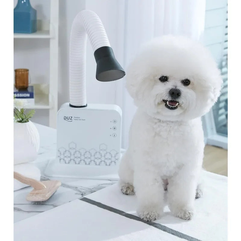 DUZ Premium Hands-Free Pet Dryer! This 900W compact dryer features a 360-degree adjustable drying tube and easy touch buttons, powered by a quiet BLDC motor—perfect for quick and efficient pet drying!