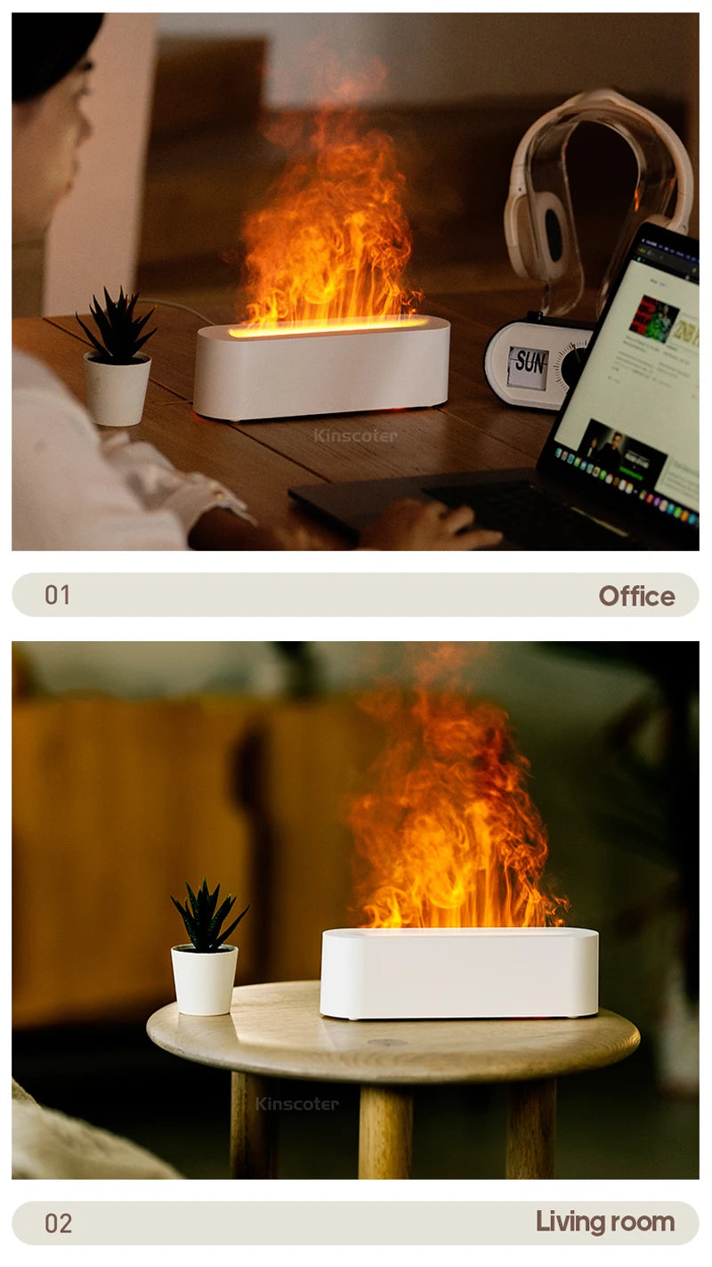 Flame Aroma Diffuser Humidifier USB Desktop Simulation Light. This versatile aromatherapy purifier features 7 colors to create a soothing atmosphere while enhancing the air quality