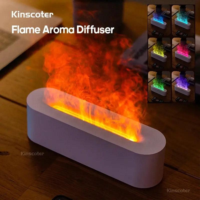 Flame Aroma Diffuser Humidifier USB Desktop Simulation Light. This versatile aromatherapy purifier features 7 colors to create a soothing atmosphere while enhancing the air quality