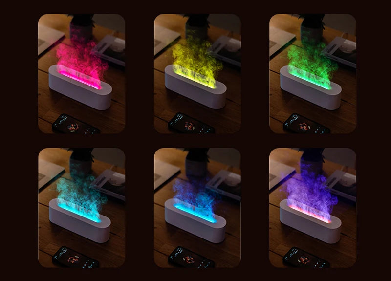 Flame Aroma Diffuser Humidifier USB Desktop Simulation Light. This versatile aromatherapy purifier features 7 colors to create a soothing atmosphere while enhancing the air quality