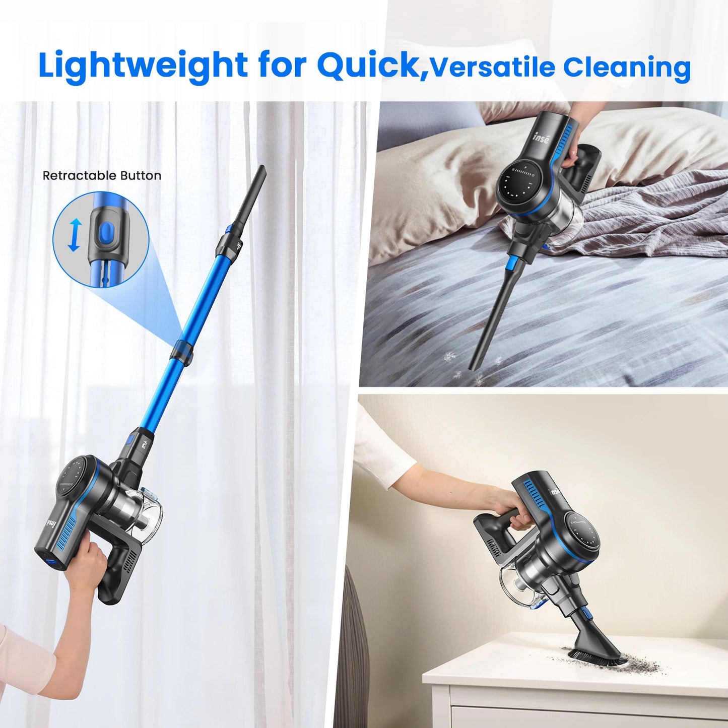 Powerful 265W Stick Cordless Vacuum Cleaner with up to 45 minutes of runtime. This versatile 6-in-1 stick vacuum is perfect for tackling pet hair at home or in your car, and is ideal for hardwood and floor surfaces.