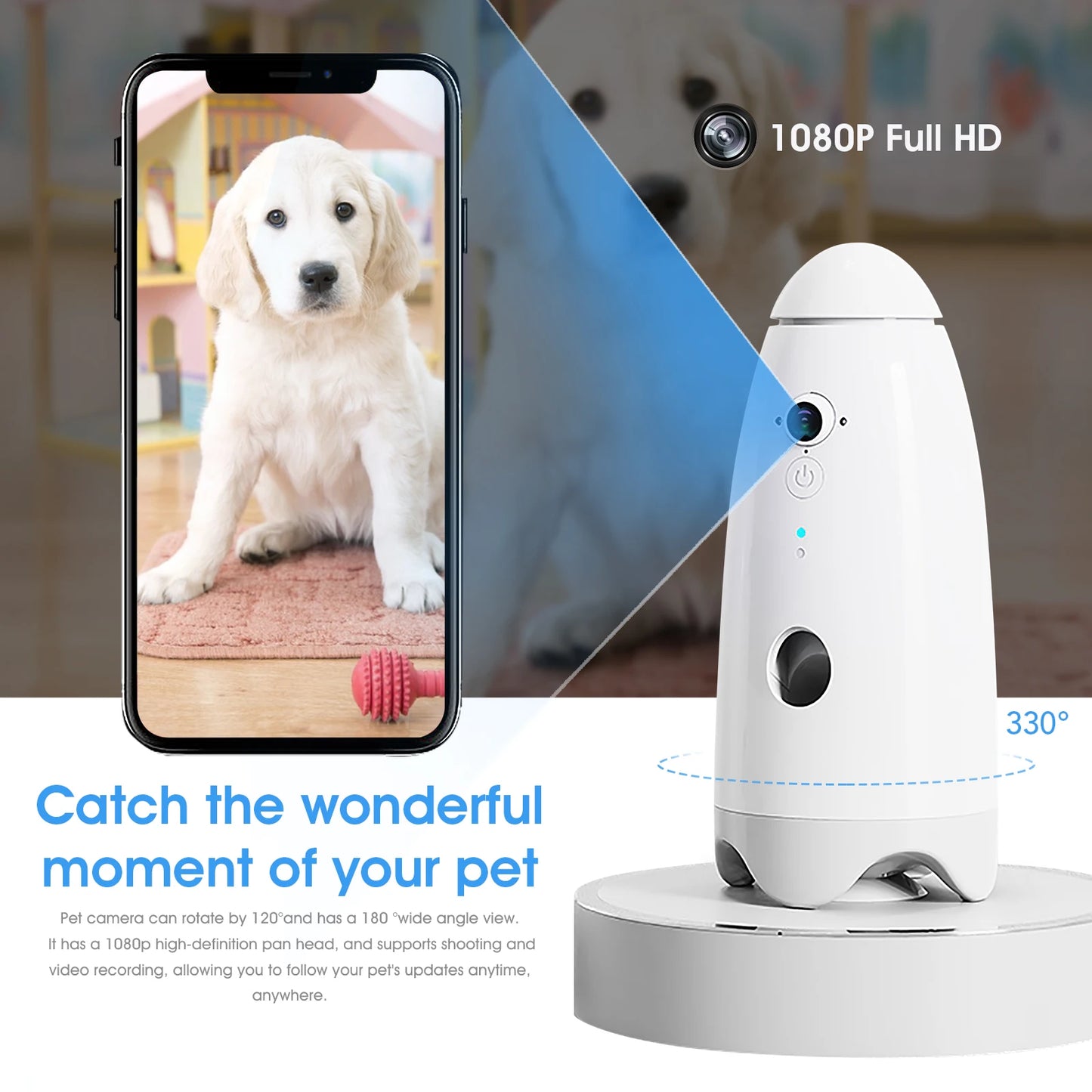 Smart 1080p Dog Camera with a 180° View and Treat Dispenser! This interactive pet feeder and monitoring system is designed specifically for dogs, ensuring fun and connection even when you're away.